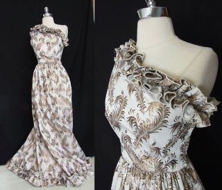 Regal Vtg Richilene Silk Feathers Brocade Evening Gown Formal Dress 60s 70s S M