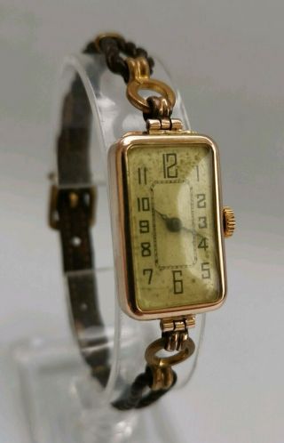 Vtg 1924 Art Deco Ladies Swiss Solid 9ct K Gold Oblong Tank Cocktail Wrist Watch