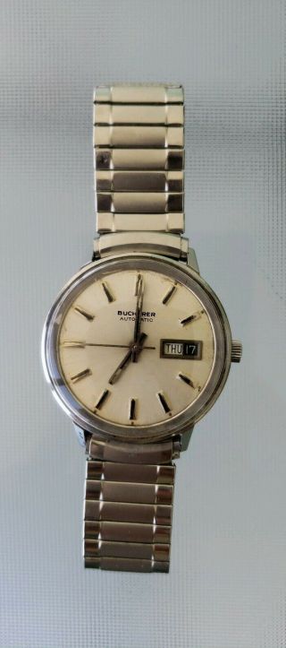 Vintage Bucherer 25j Stainless Steel Automatic Day/date Mens Watch