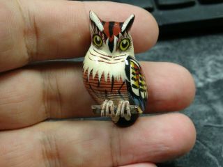 Vintage Takahashi Style Carved Wood Owl Bird Pin Brooch Lacquer Hand Painted