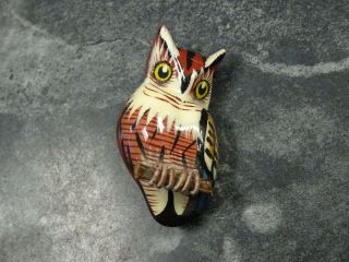 Vintage Takahashi Style Carved Wood Owl Bird Pin Brooch Lacquer Hand Painted 2