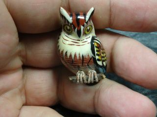 Vintage Takahashi Style Carved Wood Owl Bird Pin Brooch Lacquer Hand Painted 6