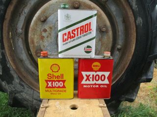 3 Vintage Shell,  Castrol Metal Oil Can,  Ideal Garage Display With Petrol Pump