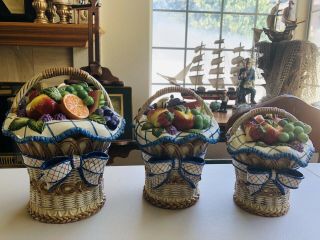 Rare Vintage Fitz & Floyd Fruit Basket Ceramic Canisters Bees Berries 3 Piece