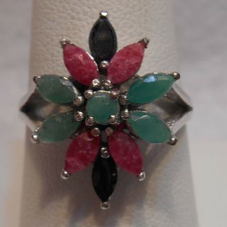 Estate 5.  05 Cts Natural Emerald,  Ruby,  Sapphire 925 Sterling Silver Ring Sz 8.  5