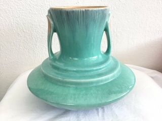 Vintage Roseville Pottery Turquoise Double Handle Orian Vase 737 Paper Label