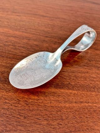 Reed & Barton Sterling Silver Curved Handle Baby Spoon: Etched Cat Scene No Mono