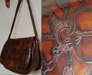 Burgundy Brown Vintage Leather Purse Bag Italy Equestrian Horse Riding Tooled