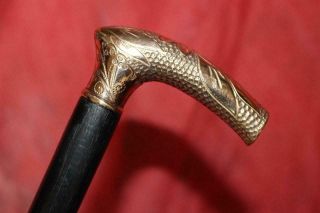 Striking Victorian Gold Handled Cane W/tapered Hard Wood Shaft & Tip