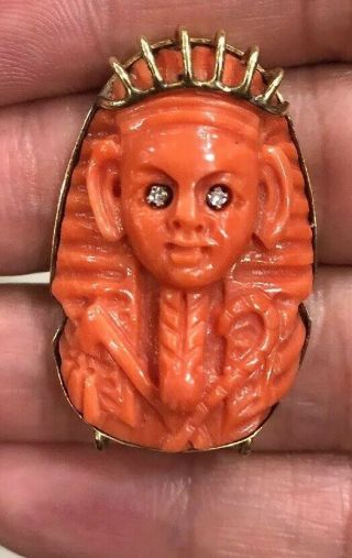 Rare Antique 100 Natural Red Italy Coral Pendant And Gold 14k & Diamond 