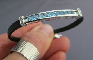 Vintage Adl 10k White Gold Princess Cut Blue Topaz Diamond Arch Panel Bracelet