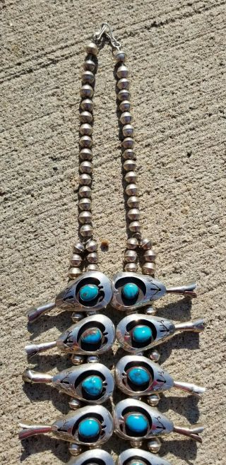 1940 ' s Vintage Turquoise Silver Squash Blossom Necklace 2