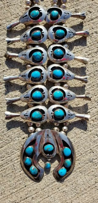 1940 ' s Vintage Turquoise Silver Squash Blossom Necklace 4