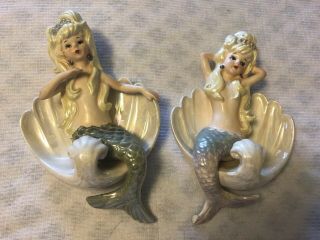 2 Vintage Lefton Mermaids Sitting On Seashells/ Wall Decor Luster Iridescent