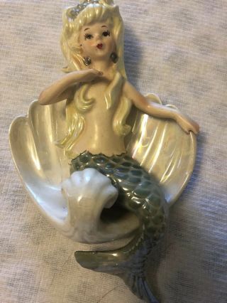 2 Vintage Lefton Mermaids Sitting on Seashells/ Wall Decor Luster Iridescent 2