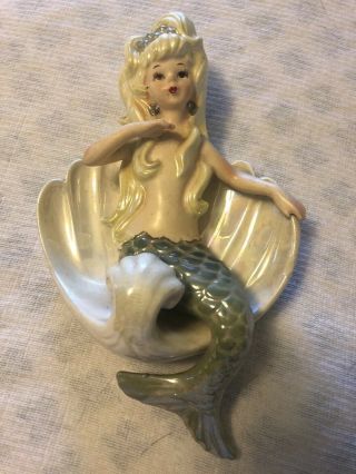 2 Vintage Lefton Mermaids Sitting on Seashells/ Wall Decor Luster Iridescent 4