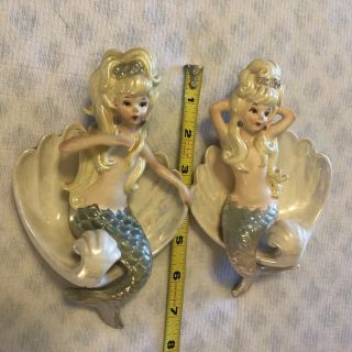 2 Vintage Lefton Mermaids Sitting on Seashells/ Wall Decor Luster Iridescent 8