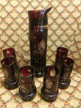 Vintage Czech Bohemian Ruby Red Pitcher And 6 Highball Glasses