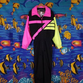 Vintage 80s Ski Suit Ladies Size 32 14 Neon One Piece Snow Skiwear Snowsuit