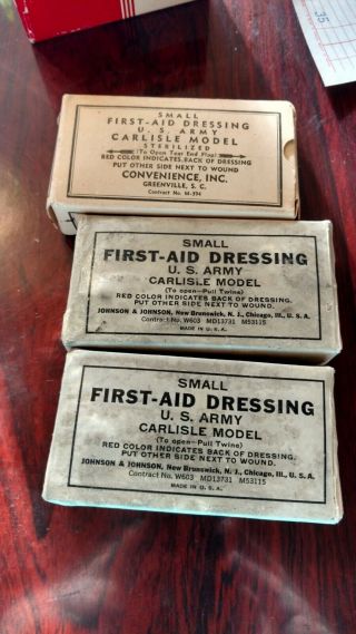 (3) Three Ww2 Era U.  S.  Army Small First Aid Dressings Carlisle Model