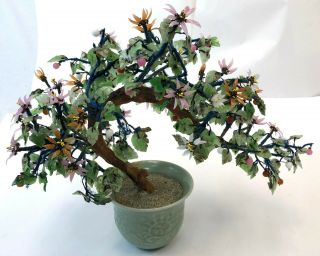 Vintage 18 " Bonsai Glass Cherry Blossom Flower Asian Mineral Stone Jade Tree