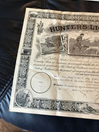 1903 Indiana Resident Hunting and Fishing License Clinton County 9 X 12 Inches 5
