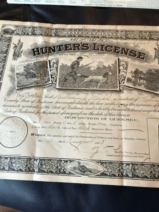 1903 Indiana Resident Hunting and Fishing License Clinton County 9 X 12 Inches 6