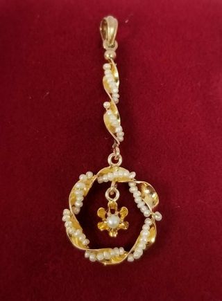Antique Vintage Art Deco 10k Yellow Gold Seed Pearl Cirlce Drop Pendant