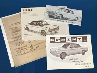 Vtg 1964 John Fitch Co Chevrolet Corvair Sprint Brochures Letter & Envelope