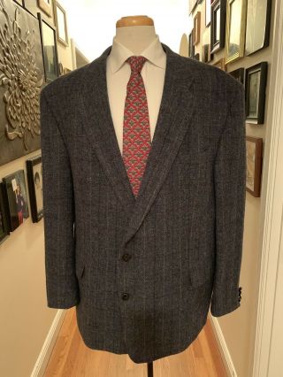 52 L Gray Harris Tweed Wool 2 Btn Mens Jacket Sport Coat Blazer Vintage