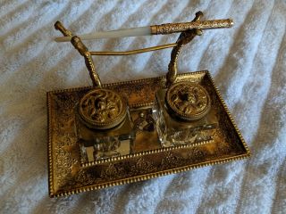 Antique/vintage Repousse Brass Double Inkwell Glass Inserts Gold Set Desk No Res