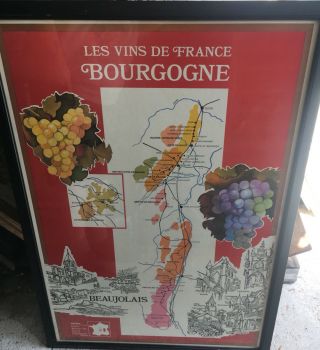 Large Framed Vintage " Wines Of France " Lithograph/poster - Printed In France