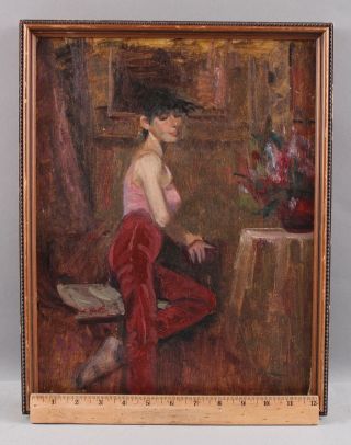 Vintage Harry Barton Interior Portrait Oil Painting Of Woman