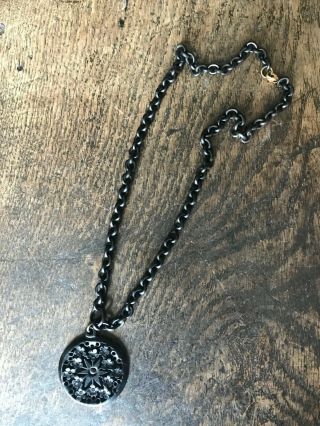 Edwardian Mourning Necklace 20 " With Black Vulcanite Chain And Floral Medallion