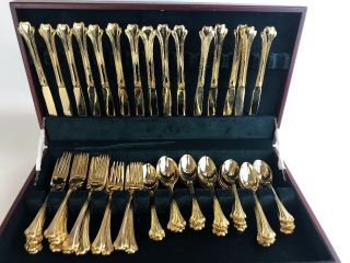 61 Pc Fb Rogers American Chippendale Gold Plate Flatware Cutlery