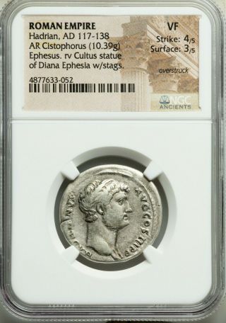 Hadrian Cistophorus Rare Big Roman Silver Coin.  NGC VF Diana Ephesia stags. 3