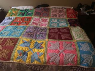 Vintage Quilt 1984 Patchwork Hand Stitched 90 X 72 Using 70s Fabric