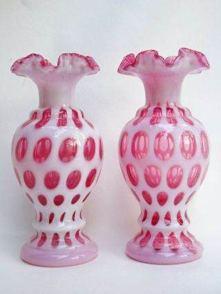 Vintage Fenton Glass Cranberry Opalescent Coin Dot Vases W/ Ruffled Tops