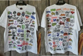 Vintage Style Stussy Full All Over Logo Double Sided Mens T Shirt Xl