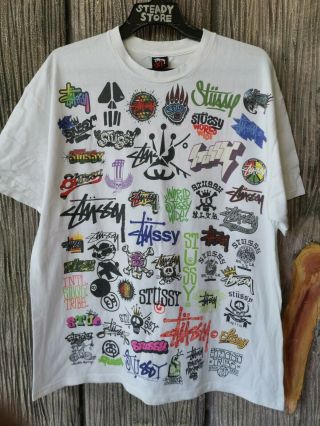 VINTAGE STYLE STUSSY FULL ALL OVER LOGO DOUBLE SIDED MENS T SHIRT XL 2