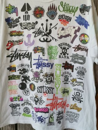 VINTAGE STYLE STUSSY FULL ALL OVER LOGO DOUBLE SIDED MENS T SHIRT XL 3