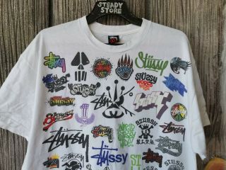 VINTAGE STYLE STUSSY FULL ALL OVER LOGO DOUBLE SIDED MENS T SHIRT XL 4