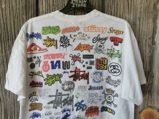 VINTAGE STYLE STUSSY FULL ALL OVER LOGO DOUBLE SIDED MENS T SHIRT XL 7