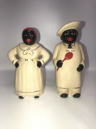 Vintage Black Americana “Salty and Peppy” Chefs Yellow Salt & Pepper Shakers 2