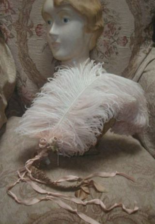 Antique 1920s Peach Ostrich Plume Tickle Dance Fan W Silk Flowers & Ribbons Vg
