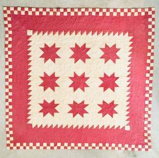 Antique Vintage Pink Cotton Six 6 Pointed Star Hand Finished Quilt 87”x87”