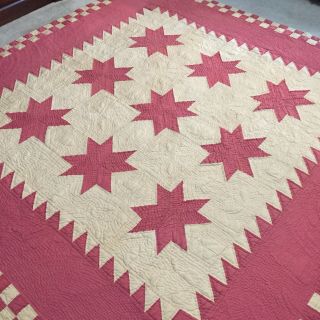 Antique Vintage PINK Cotton SIX 6 POINTED STAR Hand Finished Quilt 87”x87” 2