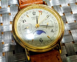 Very RARE - Men ' s Citizen Triple Calendar day date month moon phase watch 6350 7