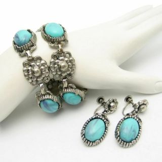Vintage Bracelet Earrings Set Silver Plated Large Faux Turquoise Stones