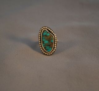 Vintage Navajo Indian Silver Turquoise Ring - Silver Raindrop Bead Border 8 3/4